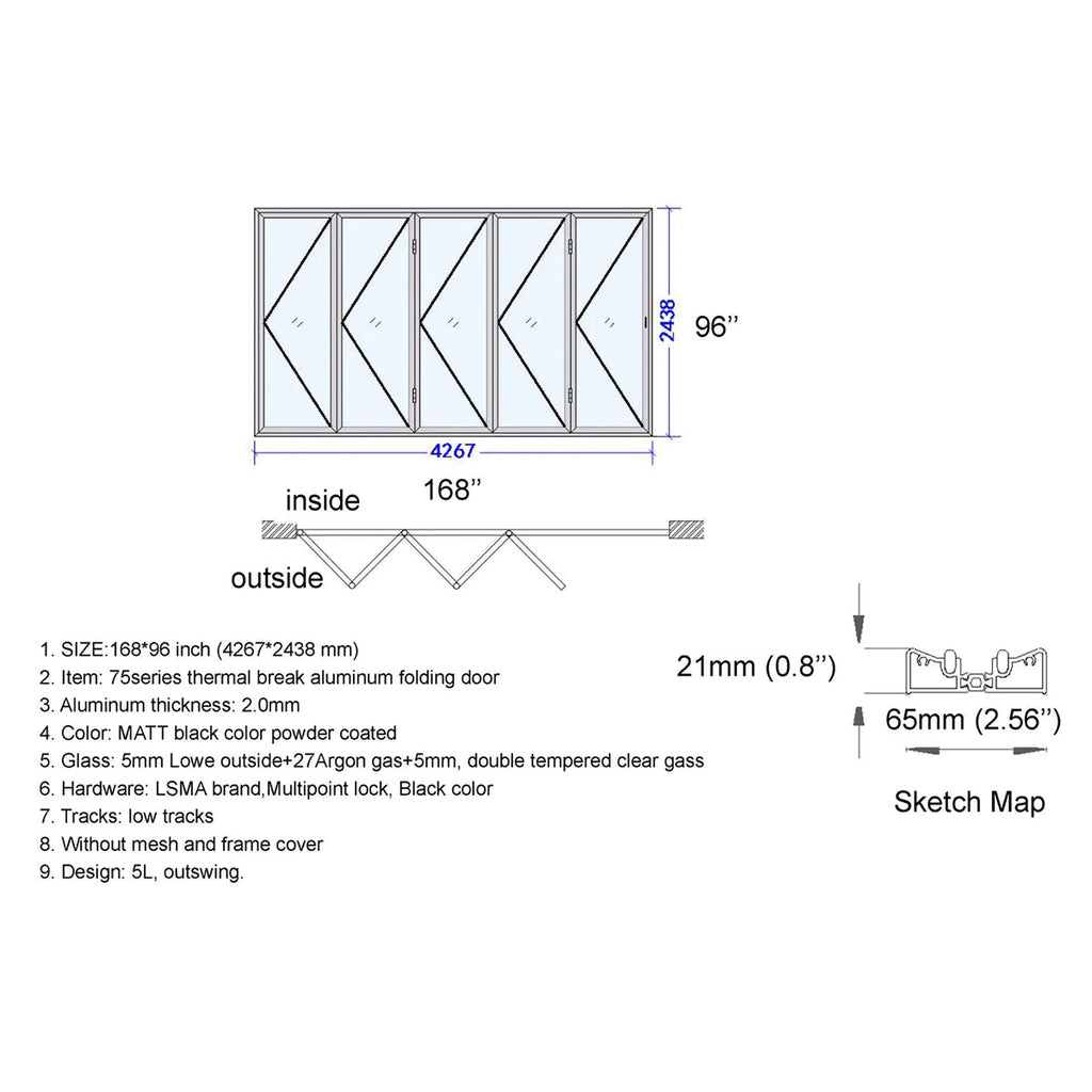 168x96 Aluminum Bifold Door – Oversized Tall Folding Door | 5L, 5R