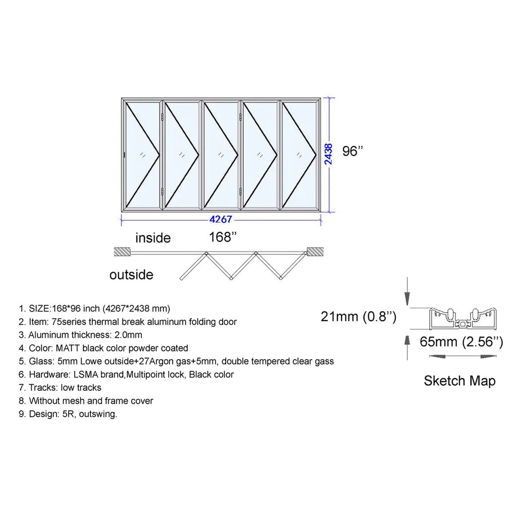 168x96 Aluminum Bifold Door – Oversized Tall Folding Door | 5L, 5R