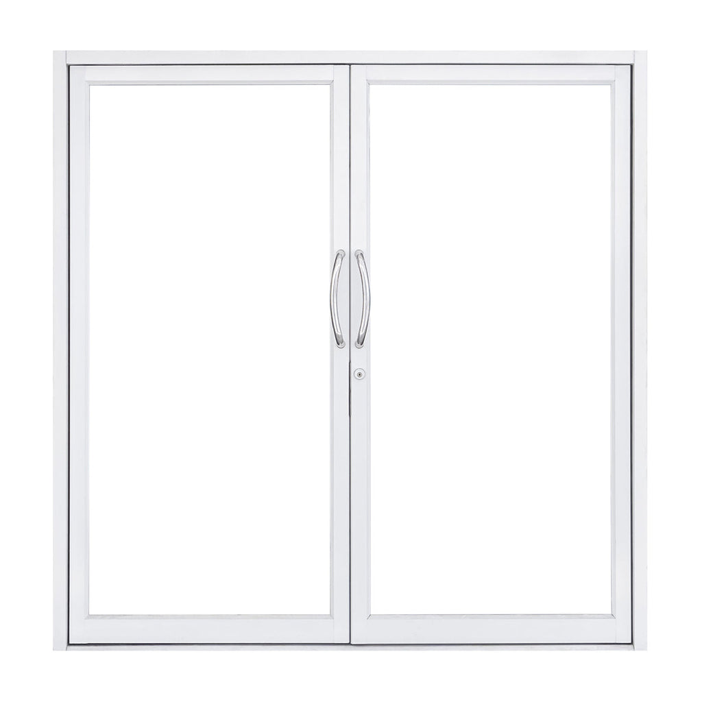 White sliding glass door with handles on a white background