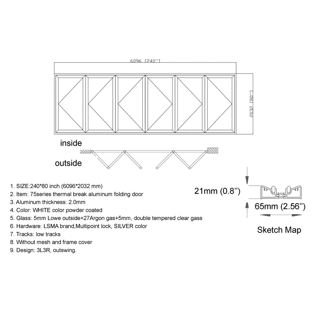 Technical drawing of a folding door with dimensions and specifications.