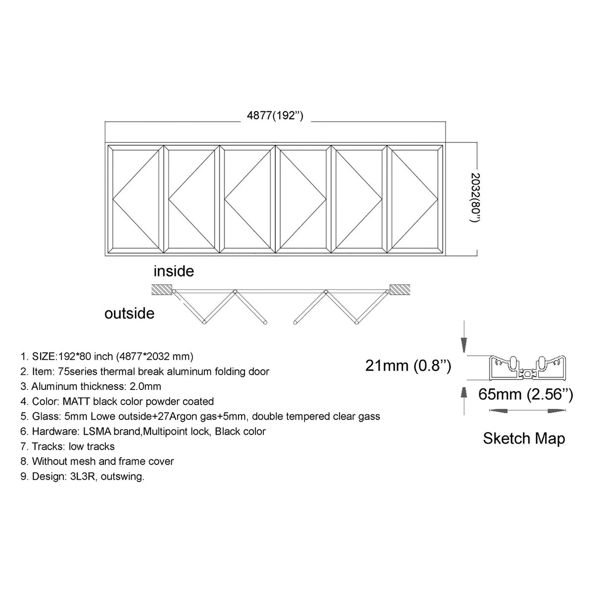Technical drawing of a folding door system with dimensions and specifications.