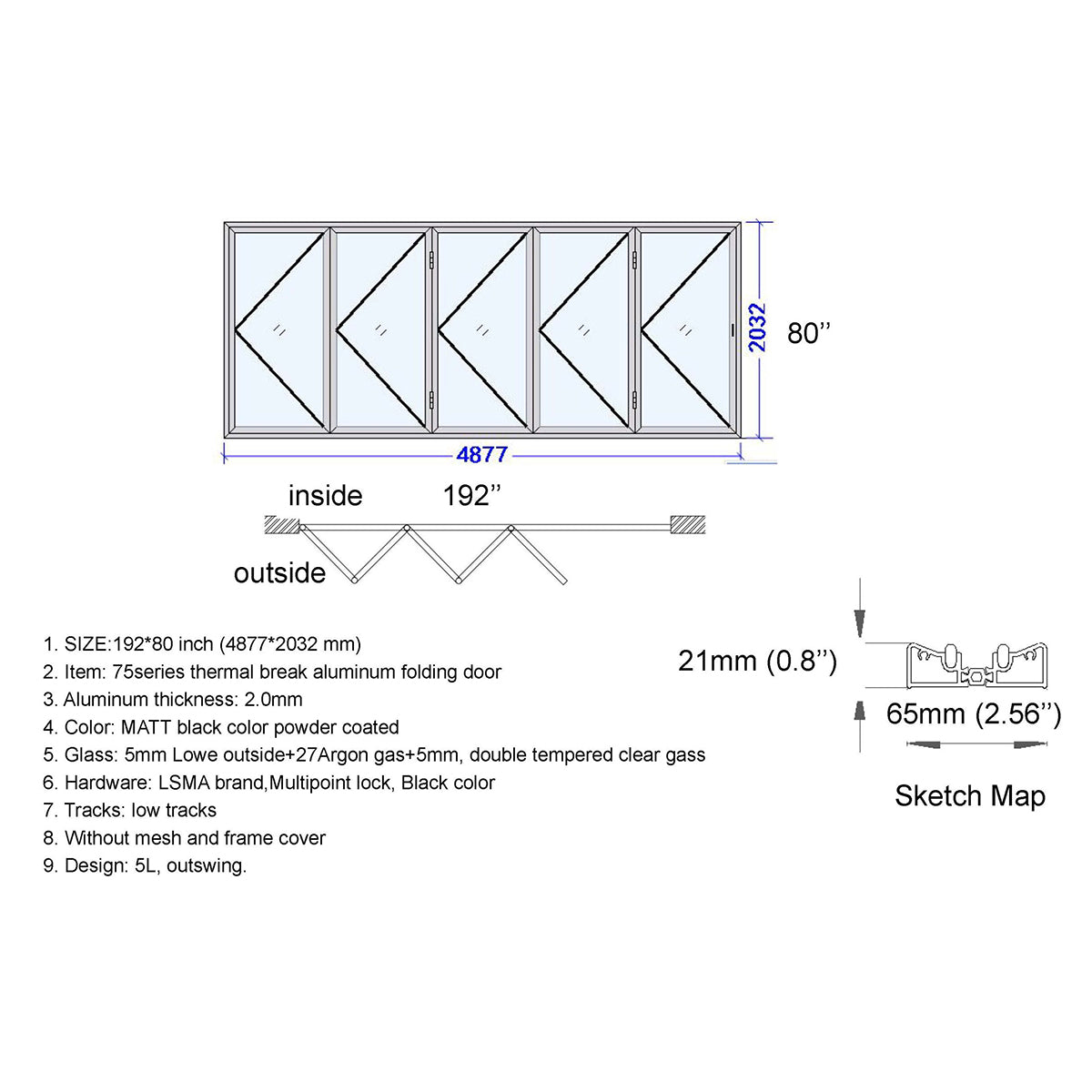 Technical drawing of a thermal break aluminum folding door with dimensions and specifications.

