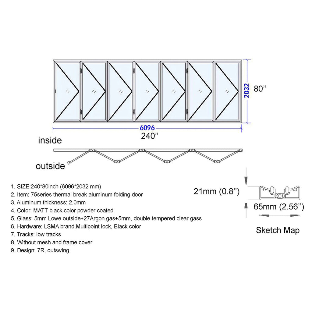 Technical drawing of a folding door with dimensions and specifications.