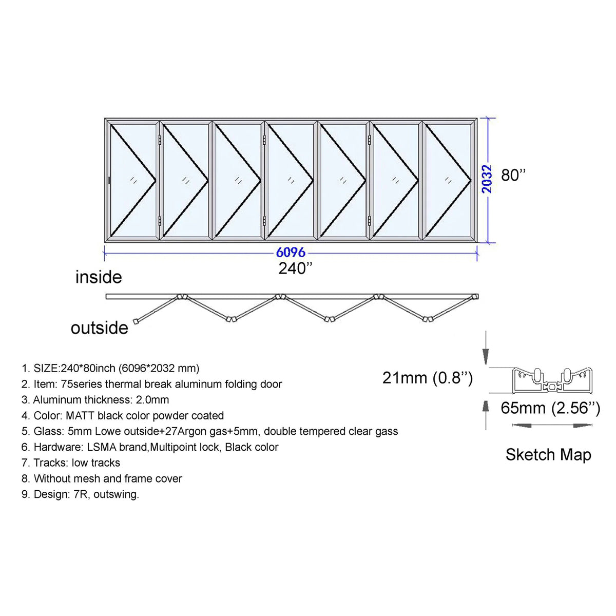 Technical drawing of a folding door with dimensions and specifications.