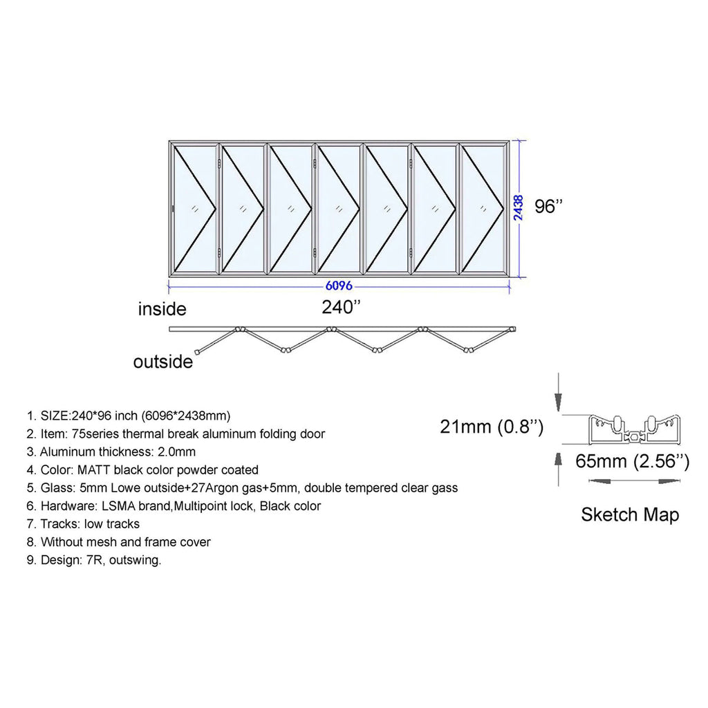 Technical drawing of a folding door with dimensions and specifications.