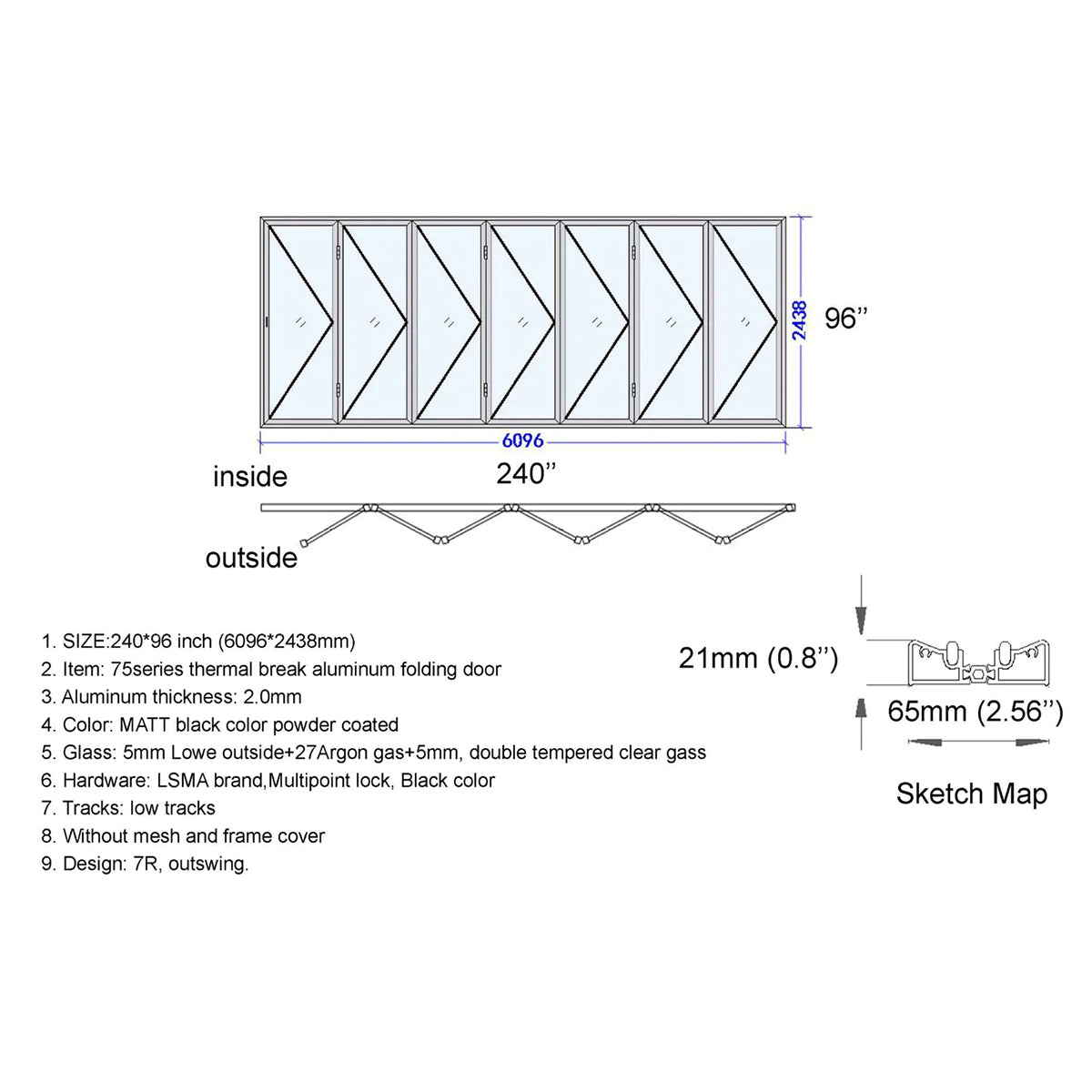 Technical drawing of a folding door with dimensions and specifications.