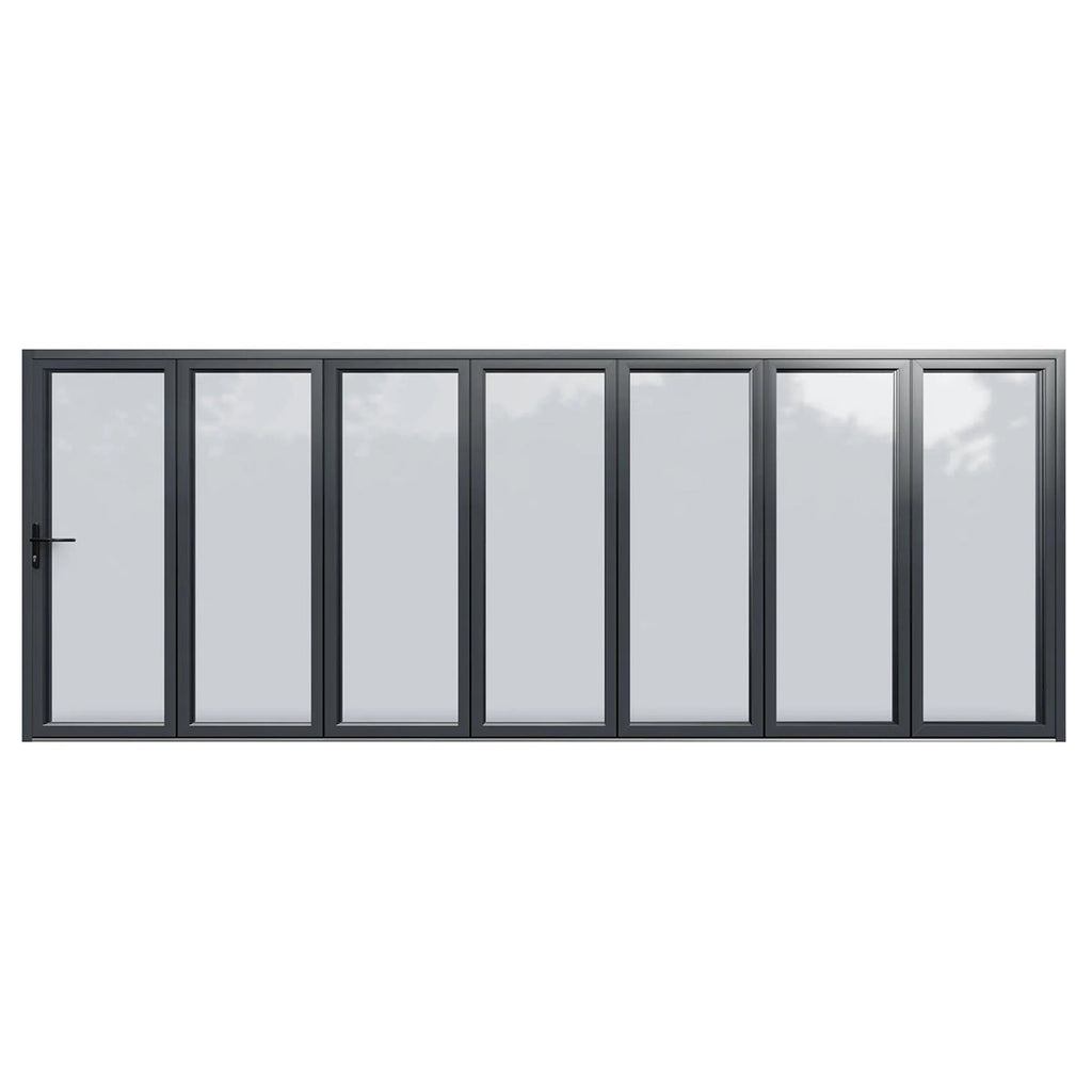 Set of sliding glass bifold_doors with a black frame on a white background