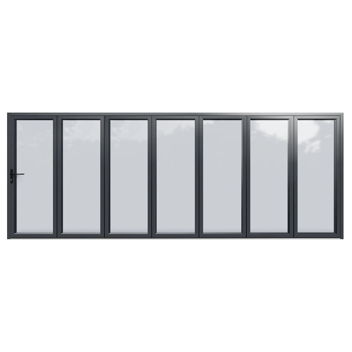 Set of sliding glass bifold_doors with a black frame on a white background