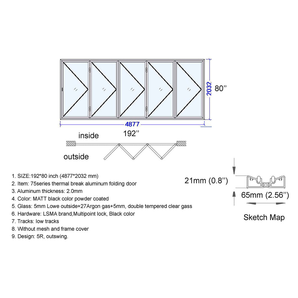 Technical drawing of a thermal break aluminum folding door with dimensions and specifications.