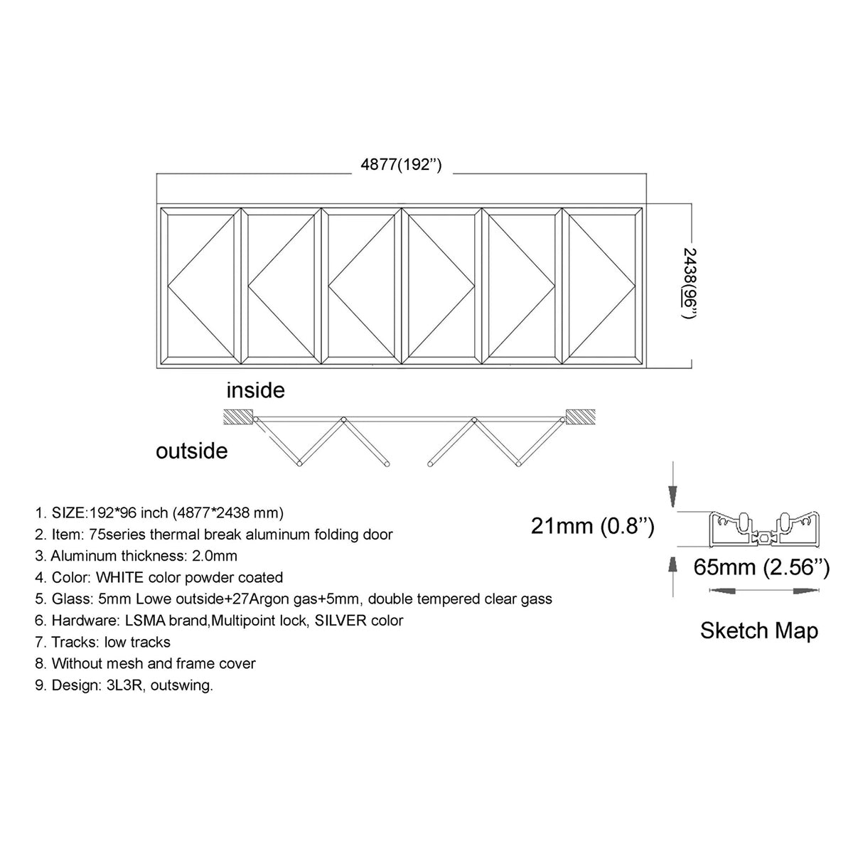 Technical drawing of a folding door with dimensions and specifications.