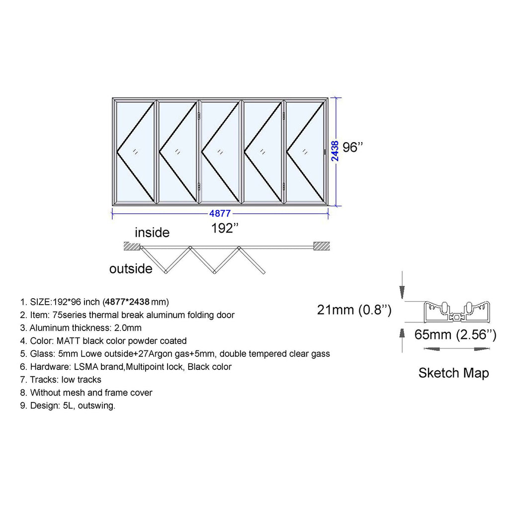 Technical drawing of a folding door with dimensions and specifications.