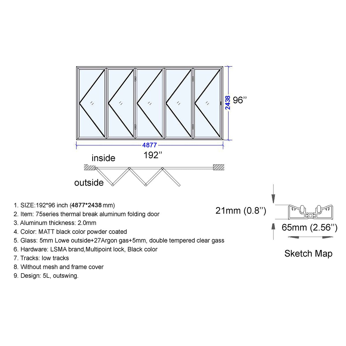 Technical drawing of a folding door with dimensions and specifications.
