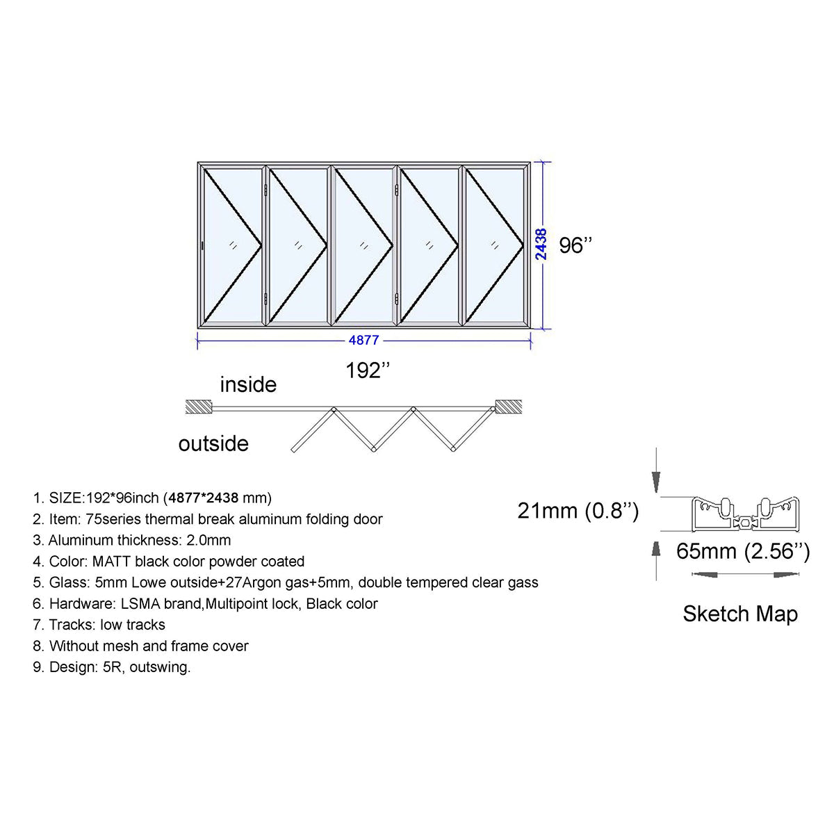 Technical drawing of a folding door with dimensions and specifications.