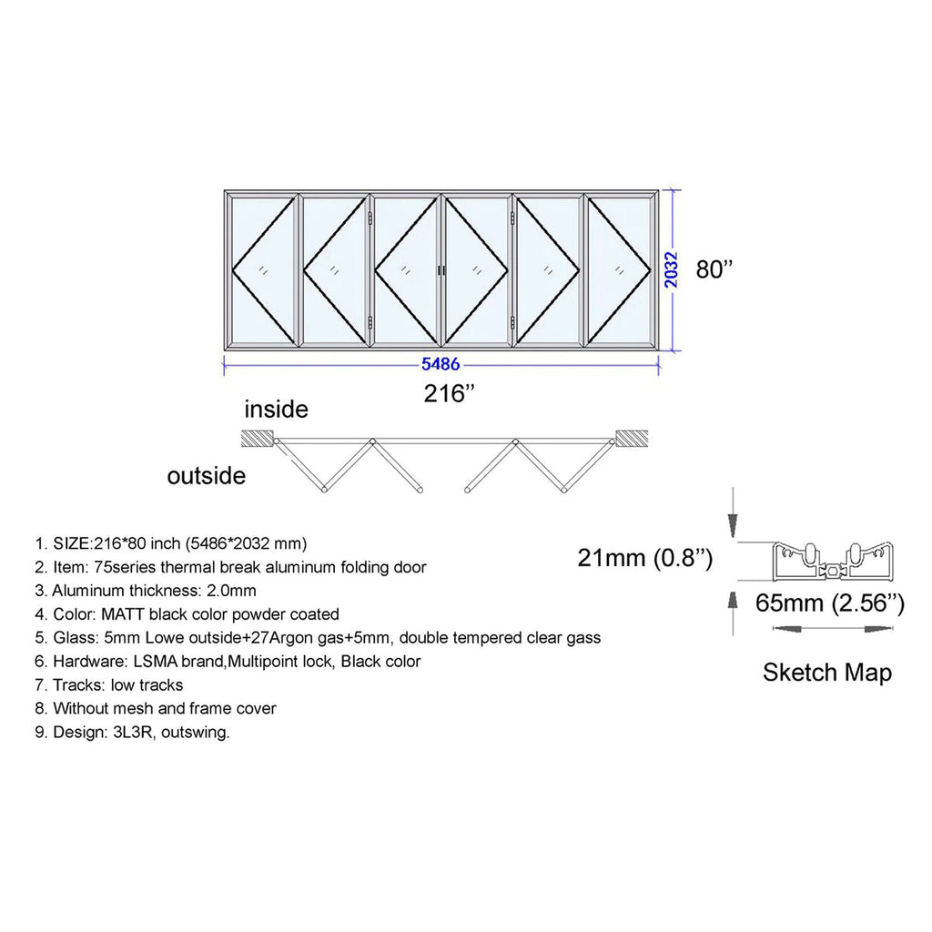 Technical drawing of an aluminum folding door with dimensions and specifications.