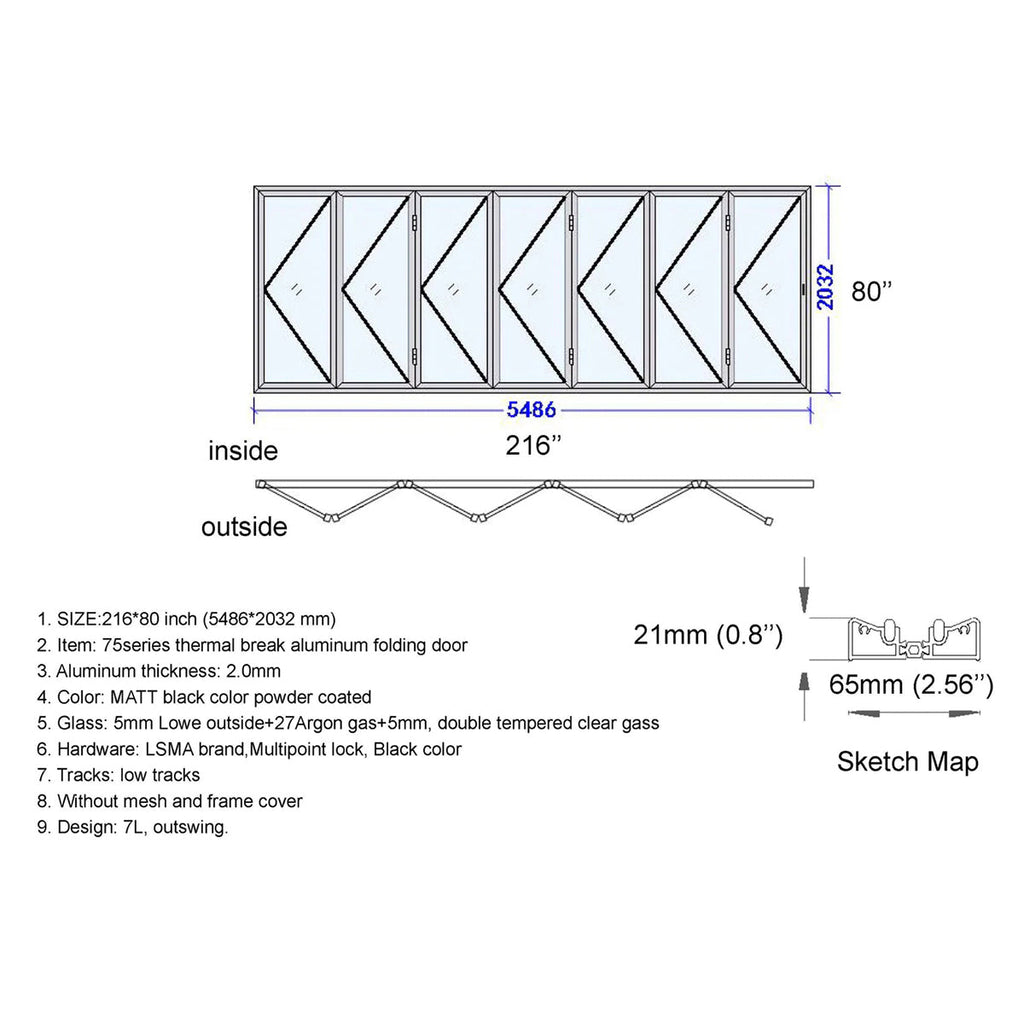 Technical drawing of a folding door with dimensions and specifications.
