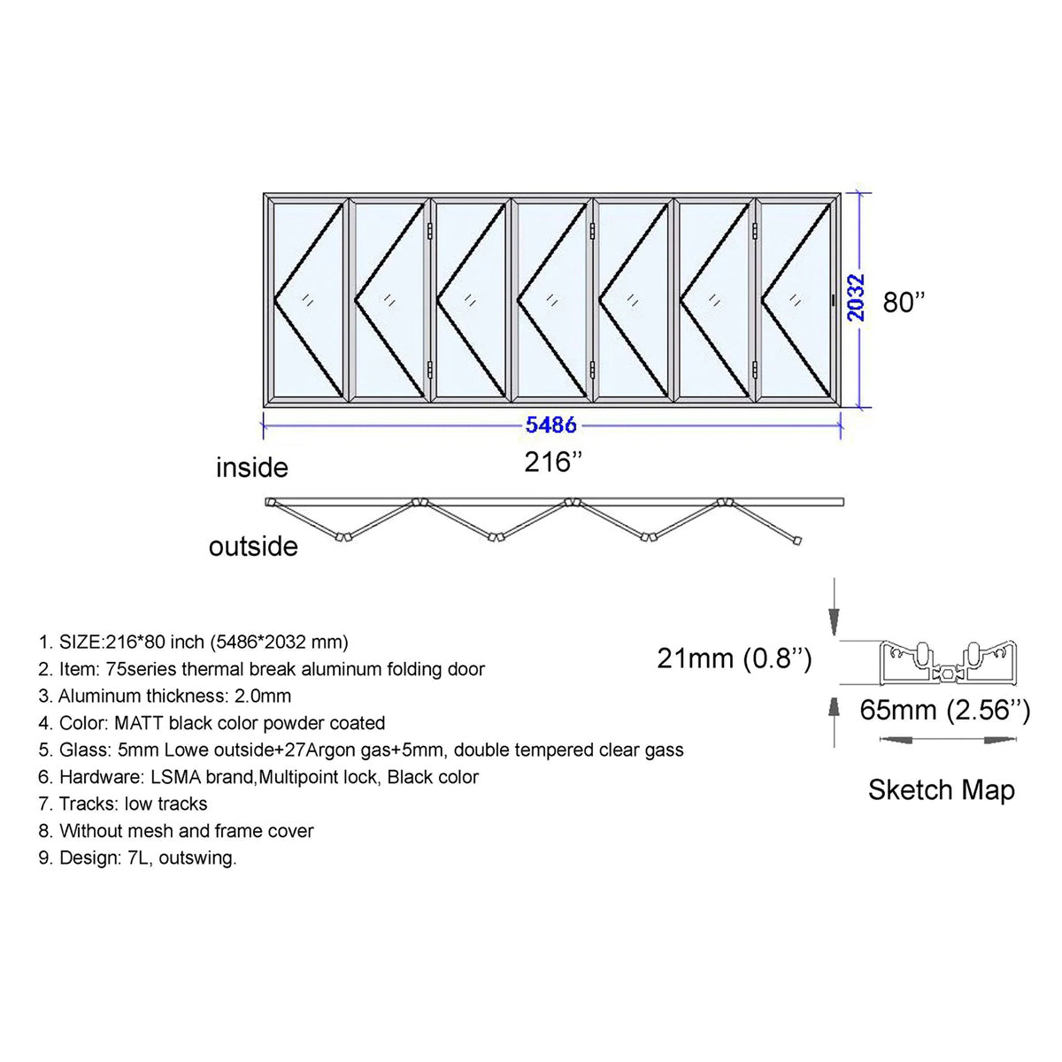Technical drawing of a folding door with dimensions and specifications.