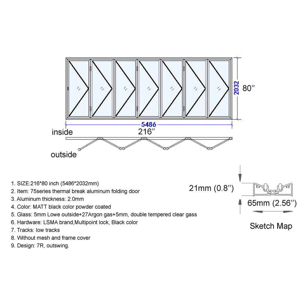
Technical drawing of a folding door with dimensions and specifications.