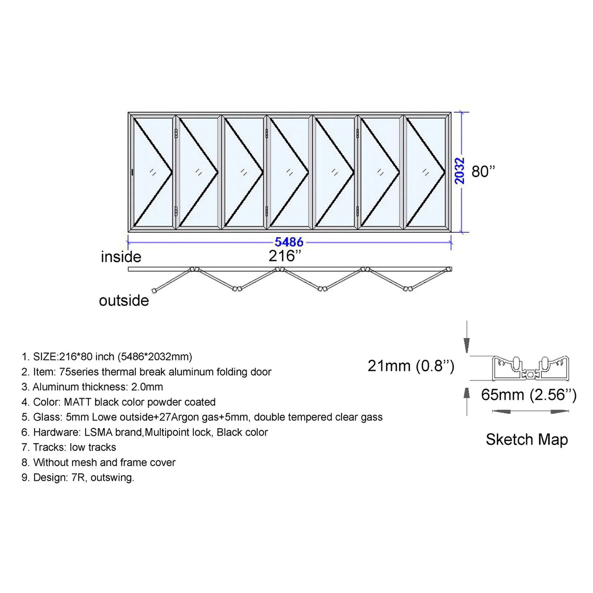 
Technical drawing of a folding door with dimensions and specifications.