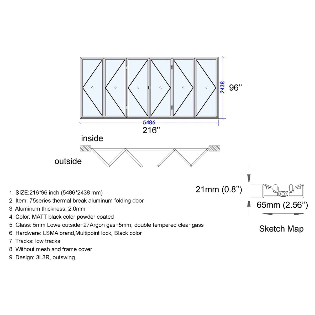 Technical drawing of a folding door with dimensions and specifications.