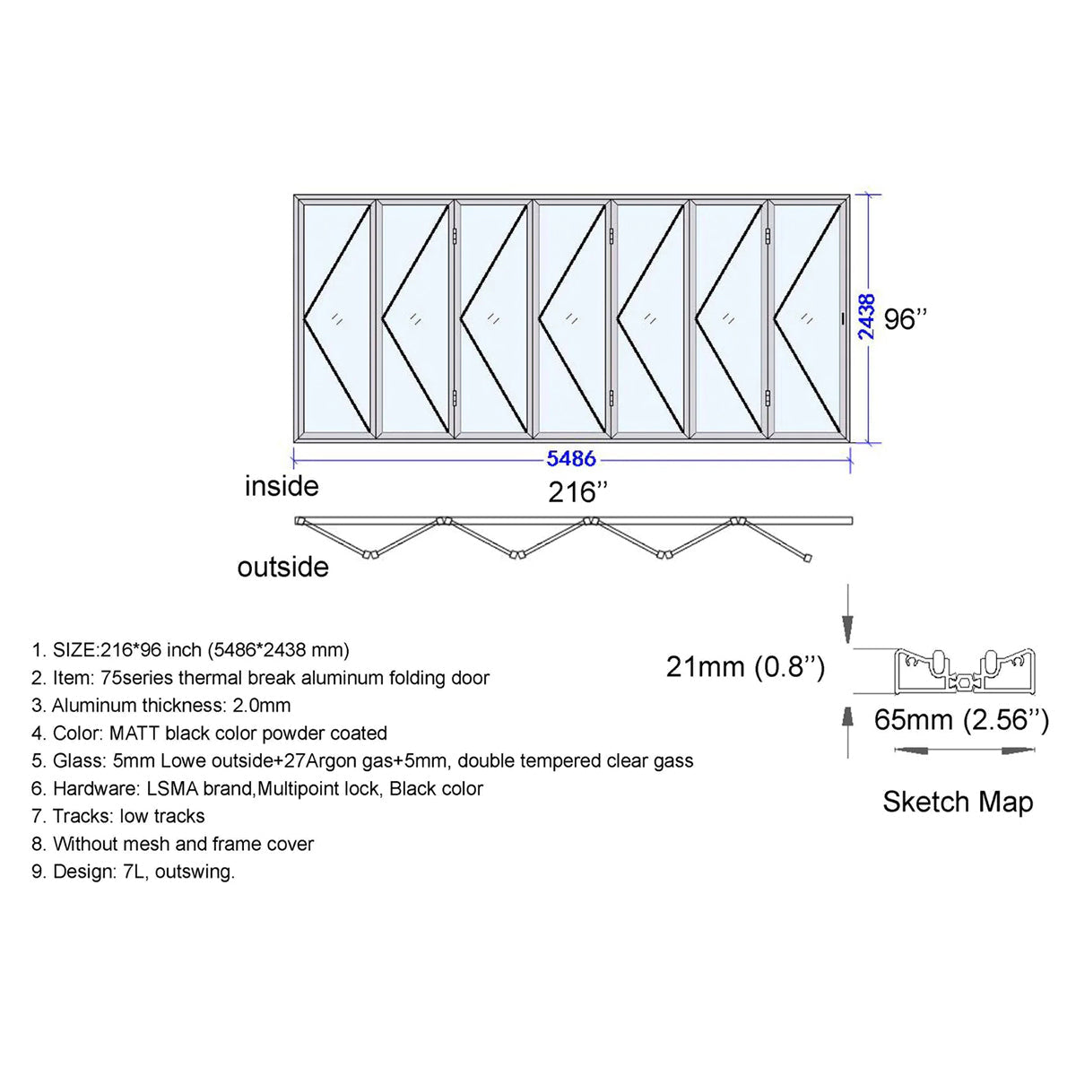 Technical drawing of a folding door with dimensions and specifications.