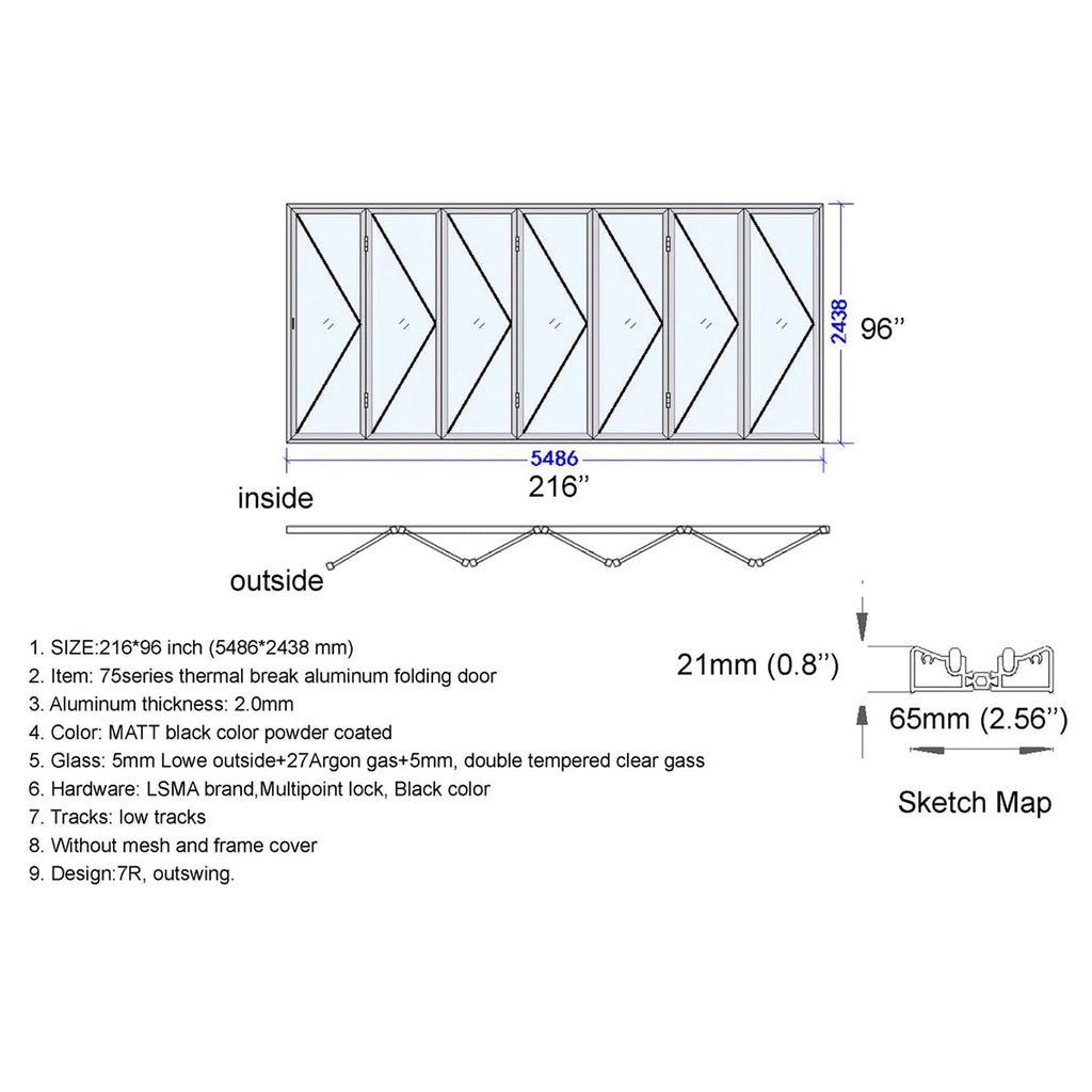 Technical drawing of a folding door with dimensions and specifications.