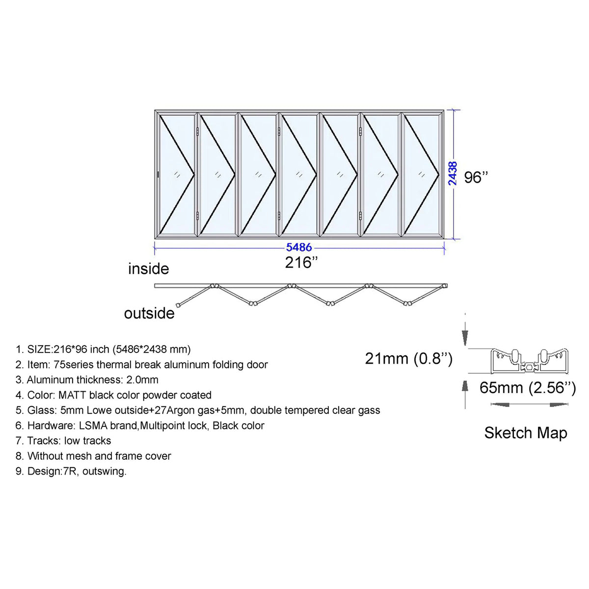 Technical drawing of a folding door with dimensions and specifications.