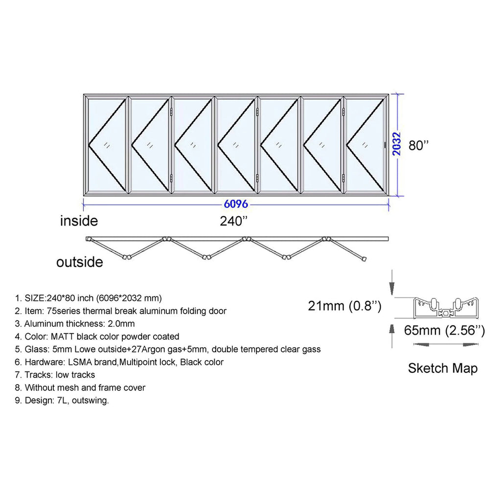 Technical drawing of a thermal break aluminum folding door with dimensions and specifications.
