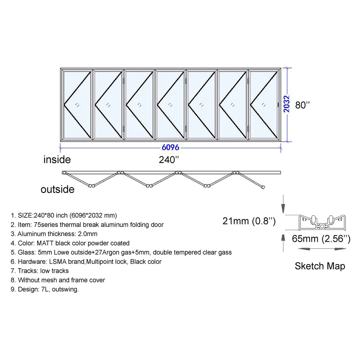 Technical drawing of a thermal break aluminum folding door with dimensions and specifications.
