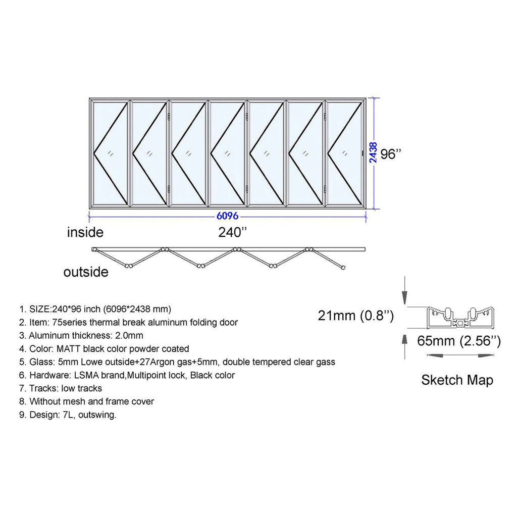 Technical drawing of a folding door with dimensions and specifications.