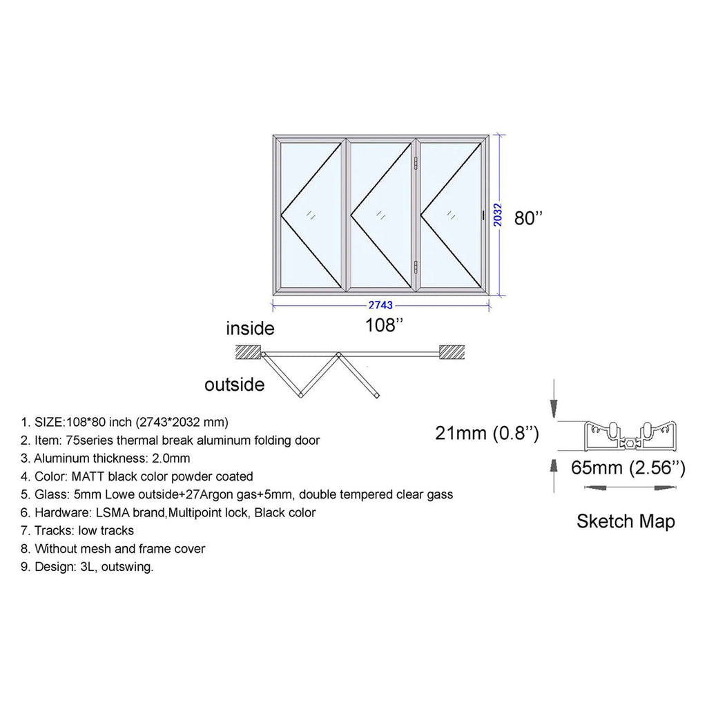 108x80 Aluminum Bifold Door – Large & Stylish Folding Door | 3L, 3R