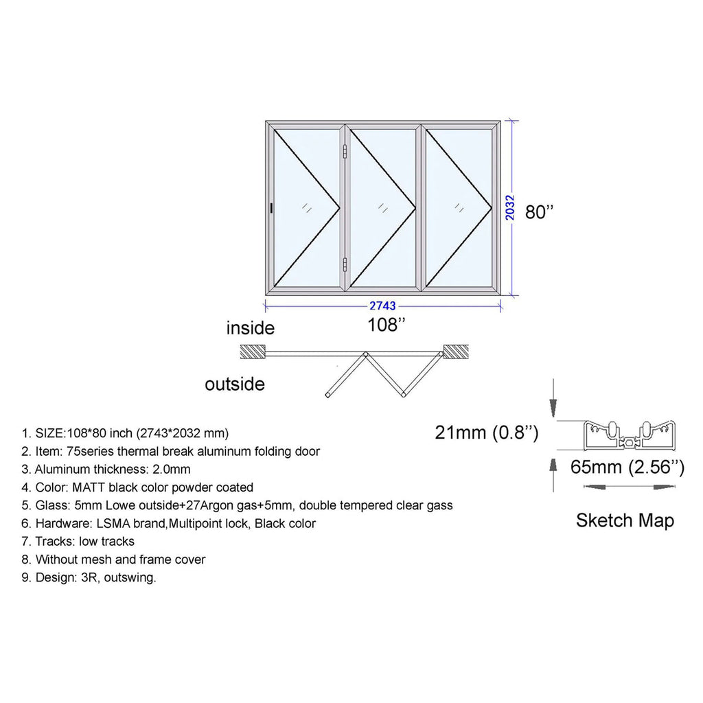 108x80 Aluminum Bifold Door – Large & Stylish Folding Door | 3L, 3R