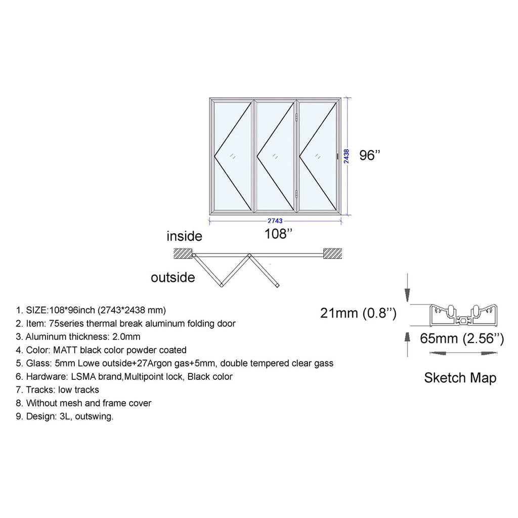 108x96 Aluminum Bifold Door – Large Tall Folding Door | 3L, 3R