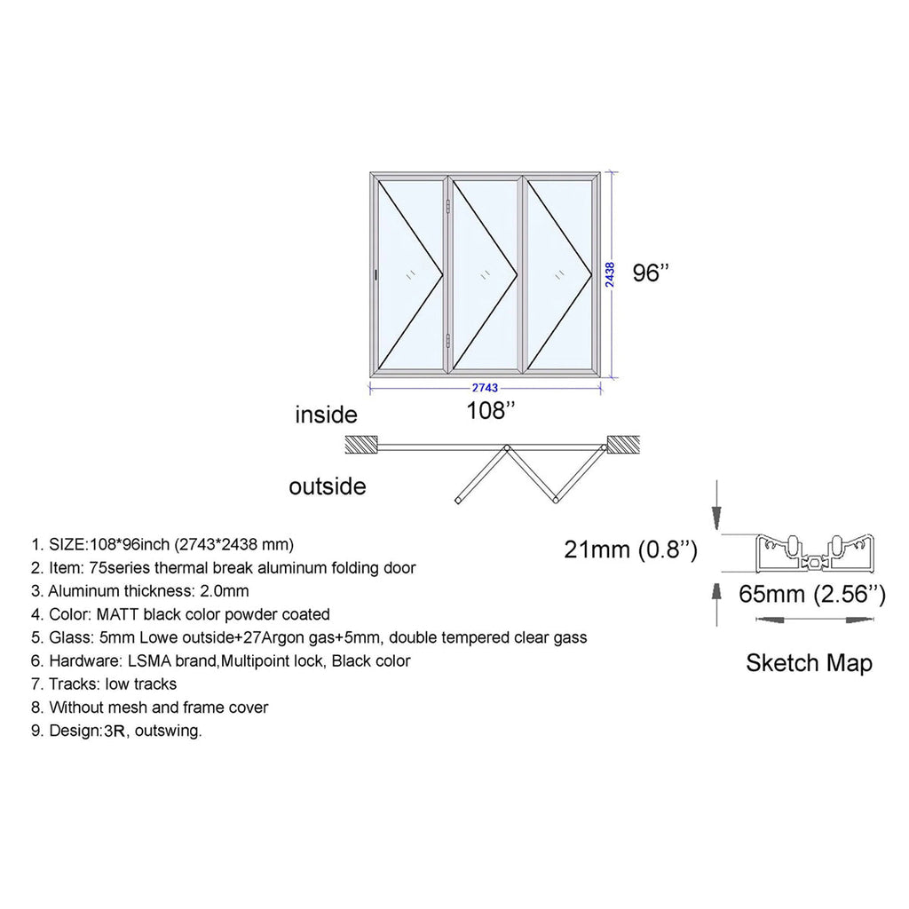 108x96 Aluminum Bifold Door – Large Tall Folding Door | 3L, 3R