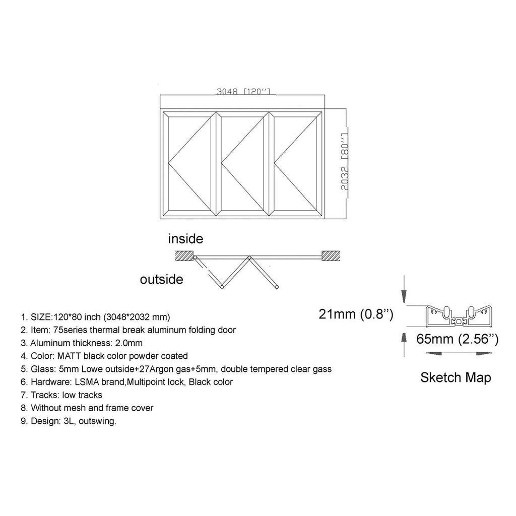 120x80 Aluminum Bifold Door – Oversized & Modern | 3L, 3R, 1L3R, 1R3L
