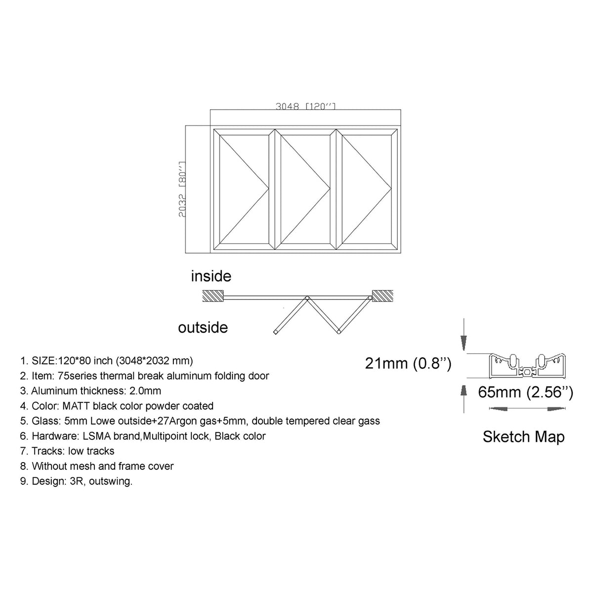 120x80 Aluminum Bifold Door – Oversized & Modern | 3L, 3R, 1L3R, 1R3L