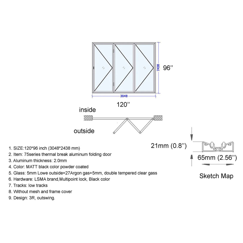120x96 Aluminum Bifold Door – Oversized Tall Folding Door | 3L, 3R, 1L3R, 1R3L