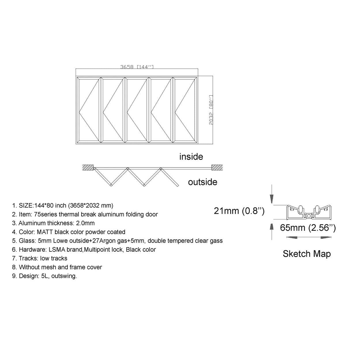 144x80 Aluminum Bifold Door – Extra-Wide Folding Design | 5L, 5R, 1L3R, 1R3L