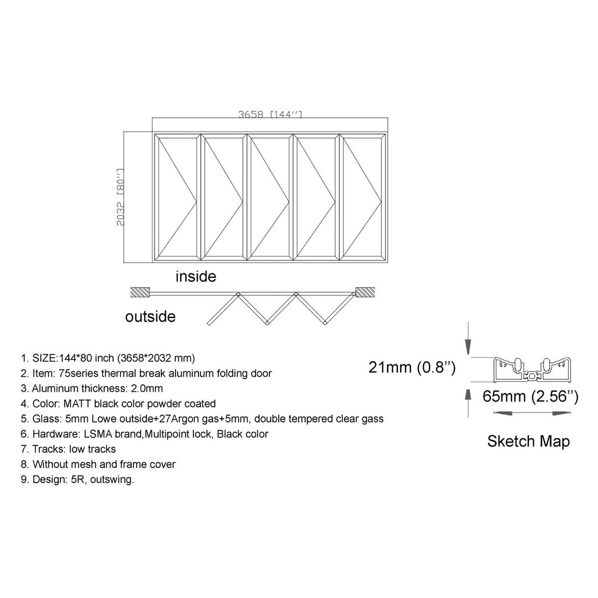 144x80 Aluminum Bifold Door – Extra-Wide Folding Design | 5L, 5R, 1L3R, 1R3L