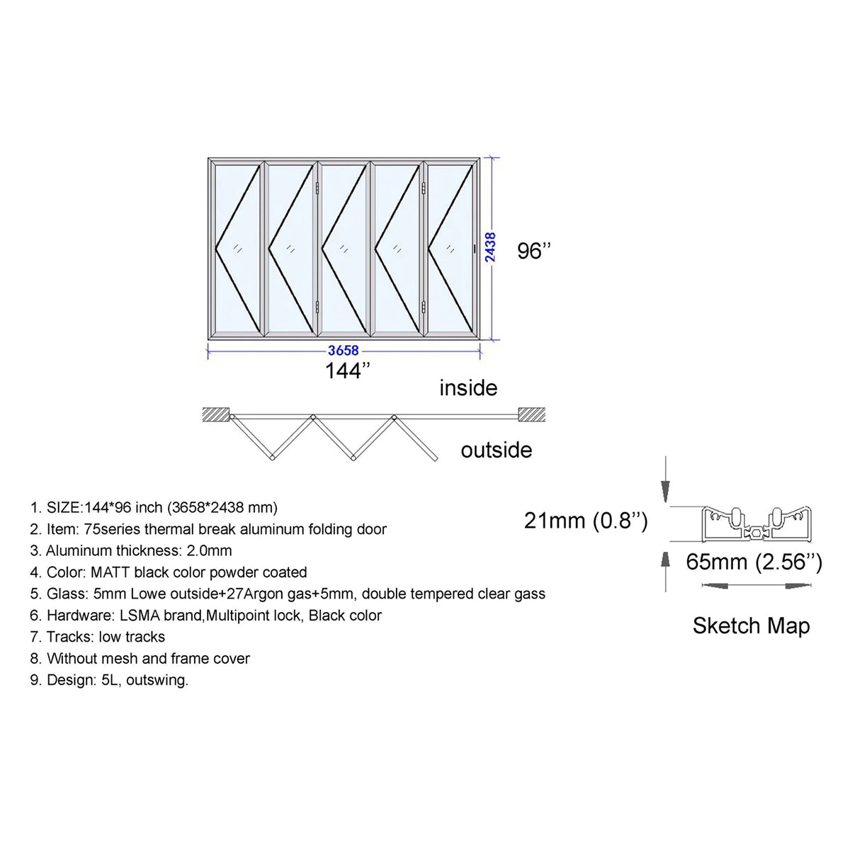 144x96 Aluminum Bifold Door – Extra-Wide Tall Folding Door | 5L, 5R, 1L3R, 1R3L
