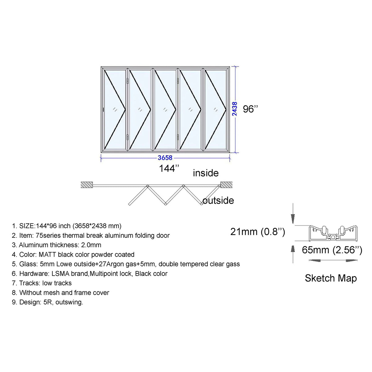 144x96 Aluminum Bifold Door – Extra-Wide Tall Folding Door | 5L, 5R, 1L3R, 1R3L