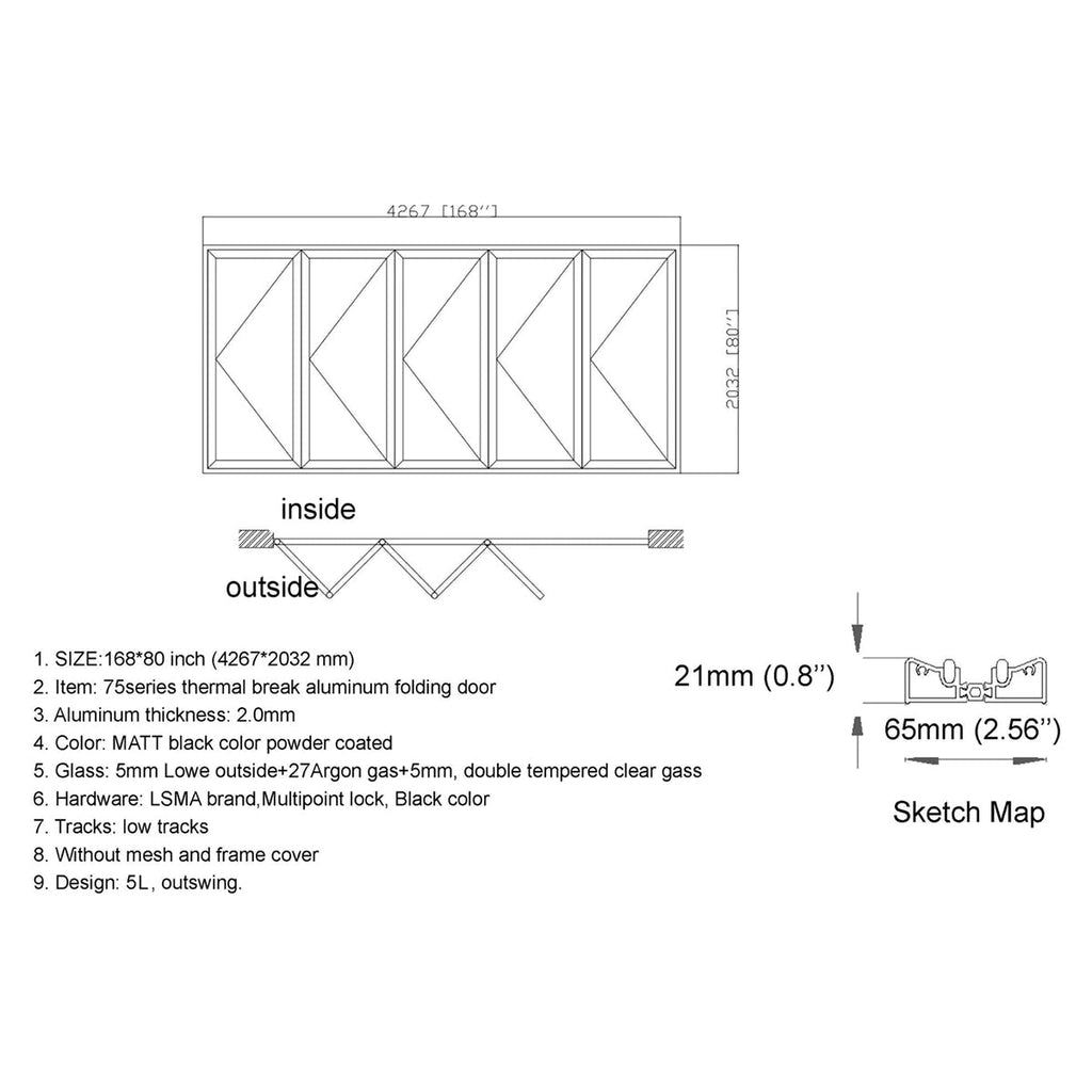 168x80 Aluminum Bifold Door – Extra-Wide Modern Folding Door | 5L, 5R