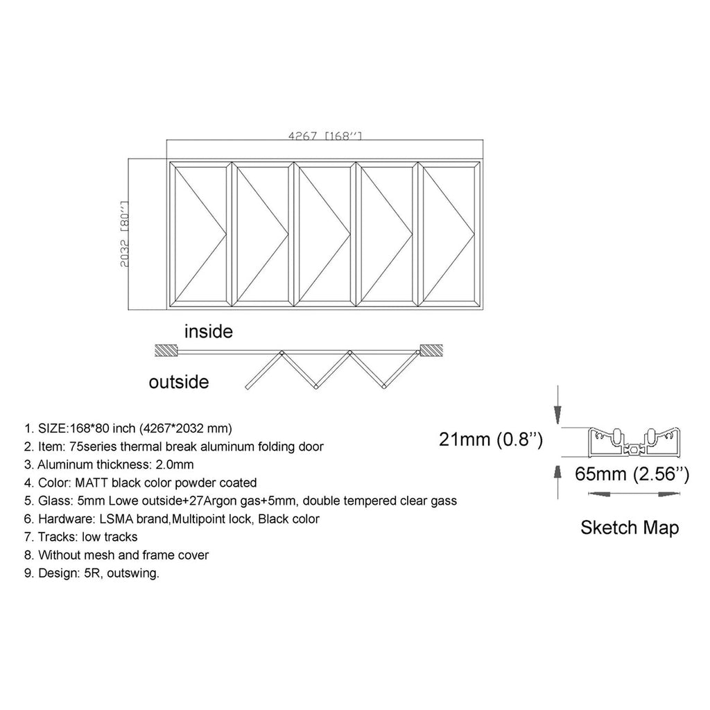 168x80 Aluminum Bifold Door – Extra-Wide Modern Folding Door | 5L, 5R