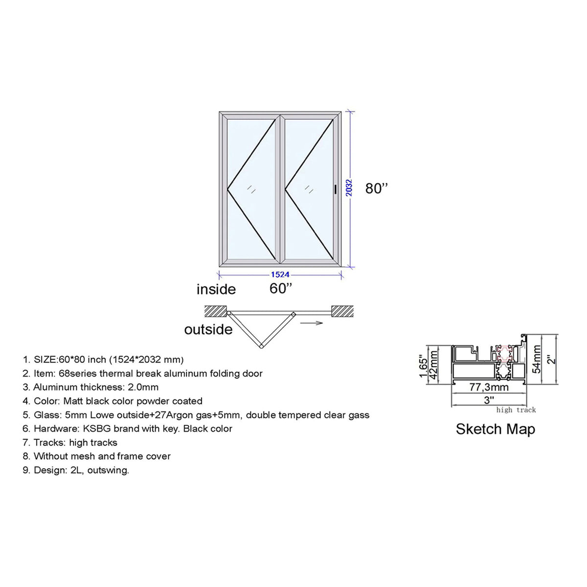 60x80 Aluminum Bifold Door – Space-Saving & Modern | 2L, 2R