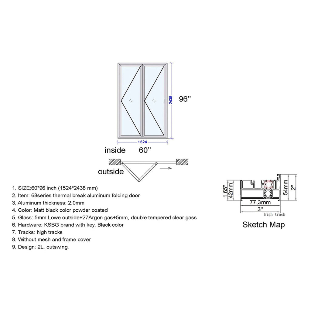 60x96 Aluminum Bifold Door – Tall & Space-Saving | 2L, 2R