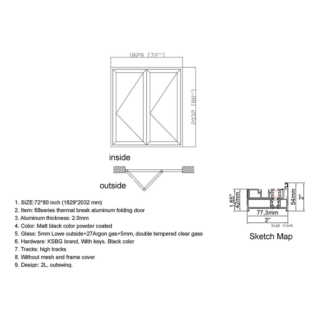 72x80 Aluminum Bifold Door – Modern Folding Design | 2L, 2R