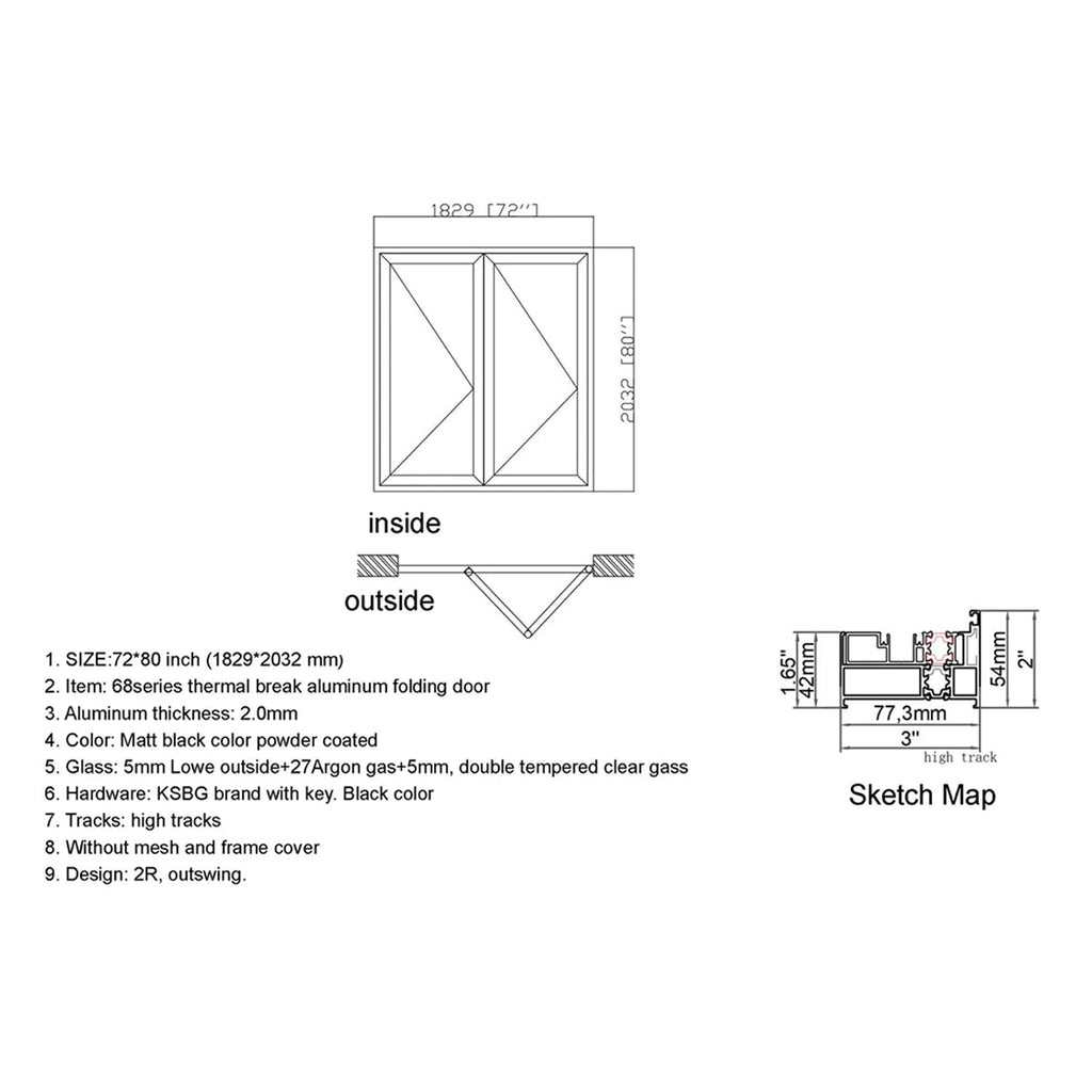 72x80 Aluminum Bifold Door – Modern Folding Design | 2L, 2R