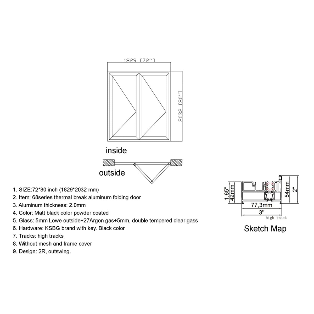 72x80 Aluminum Bifold Door – Modern Folding Design | 2L, 2R