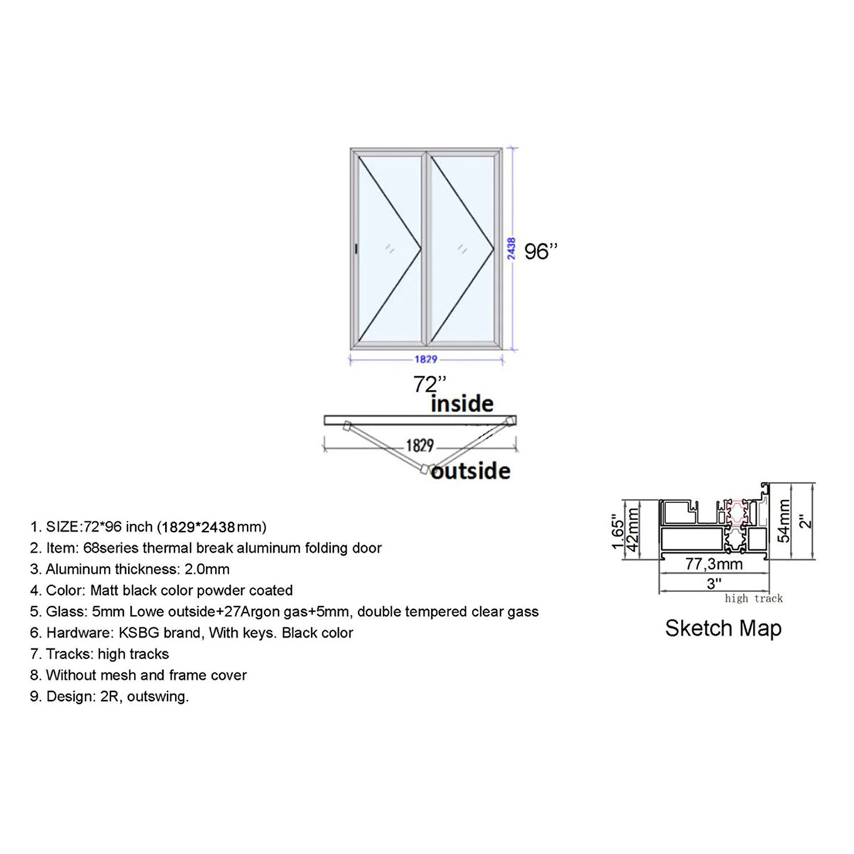 72x96 Aluminum Bifold Door – Tall & Modern Folding Door | 2L, 2R