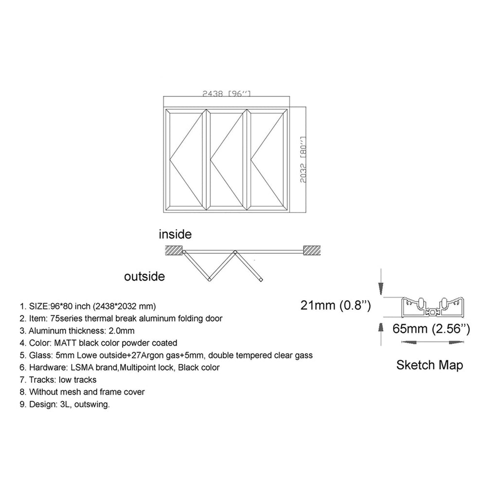 96x80 Aluminum Bifold Door – Wide Opening & Modern Design | 3L, 3R