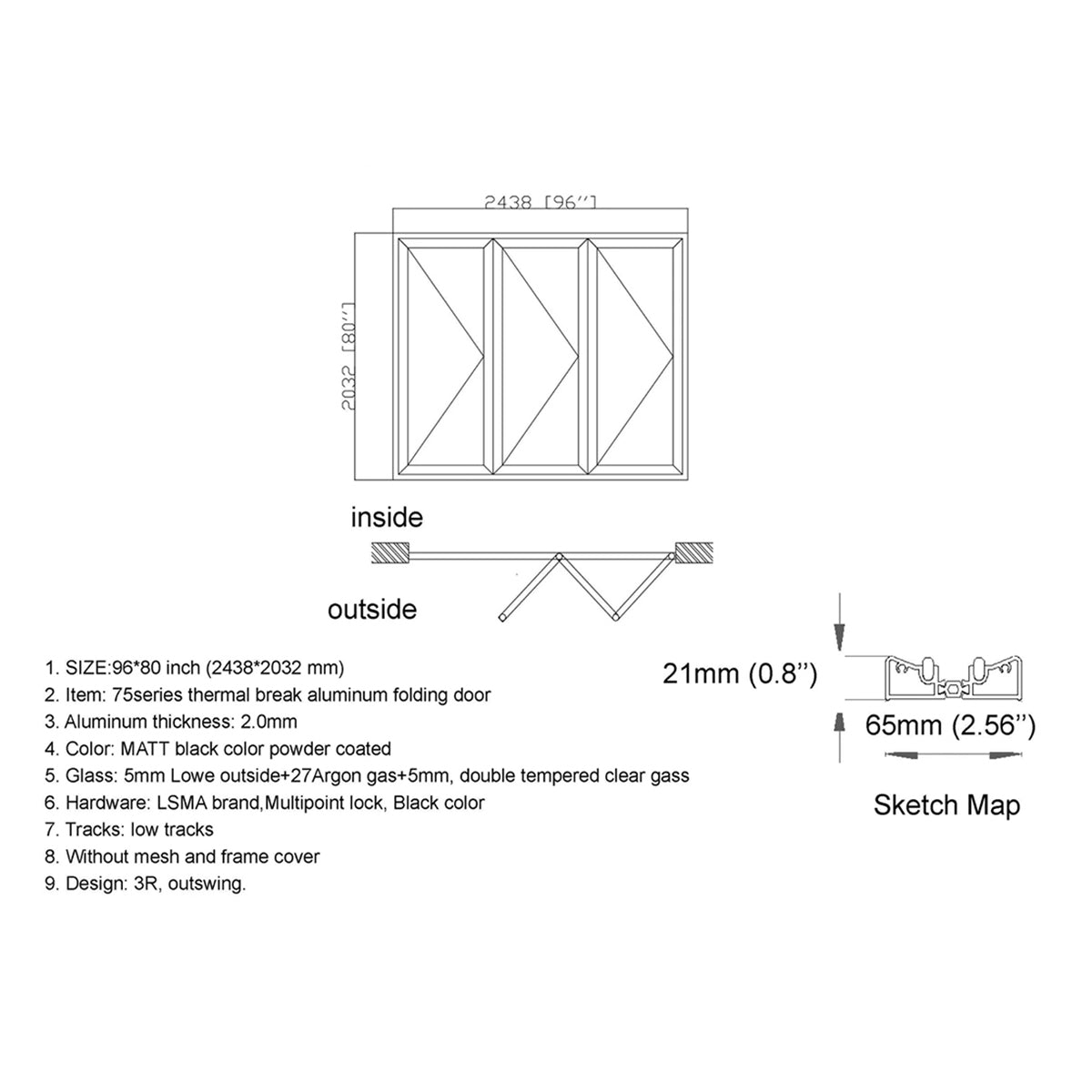 96x80 Aluminum Bifold Door – Wide Opening & Modern Design | 3L, 3R